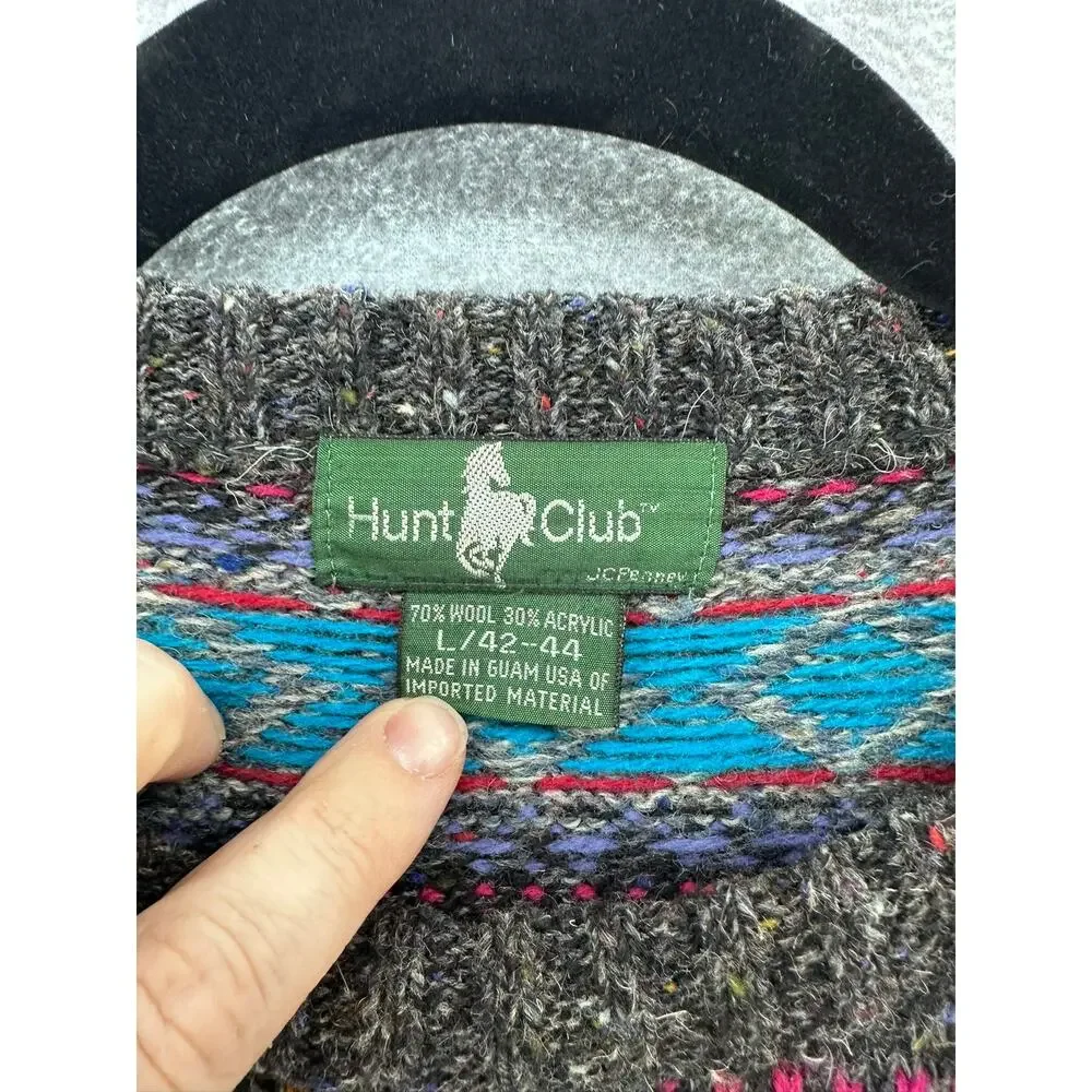 VTG Hunt Club Mens sz L Wool Knit Sweater Blue Gray Red Stripes Grandpa Academia - Picture 4 of 8